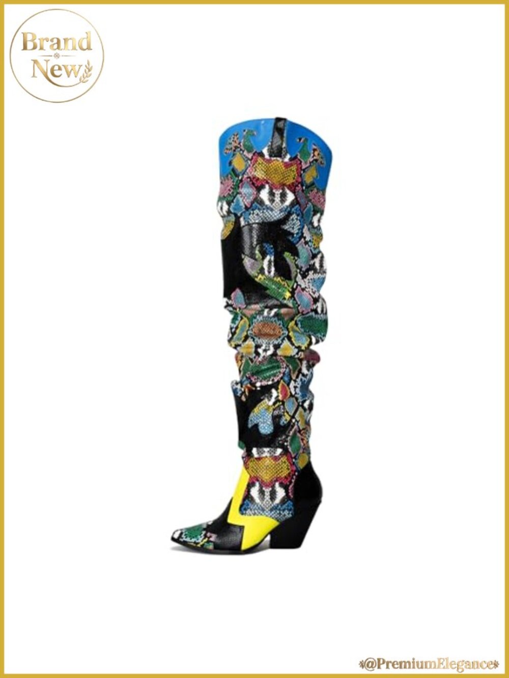 Faux Snakeskin Thigh High Western Boots Chunky Heel Pointed Toe